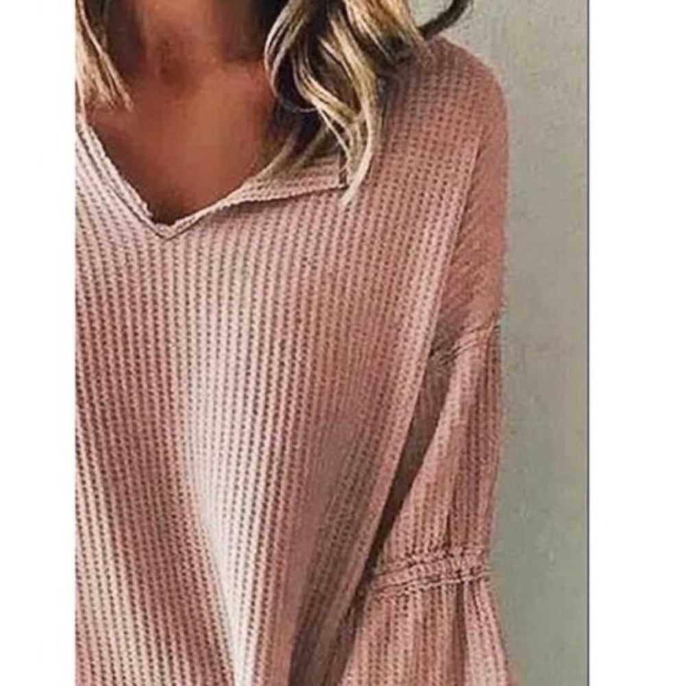 #5 Boho Pink Bell Sleeve Ribbed Top - Picture 2 of 3